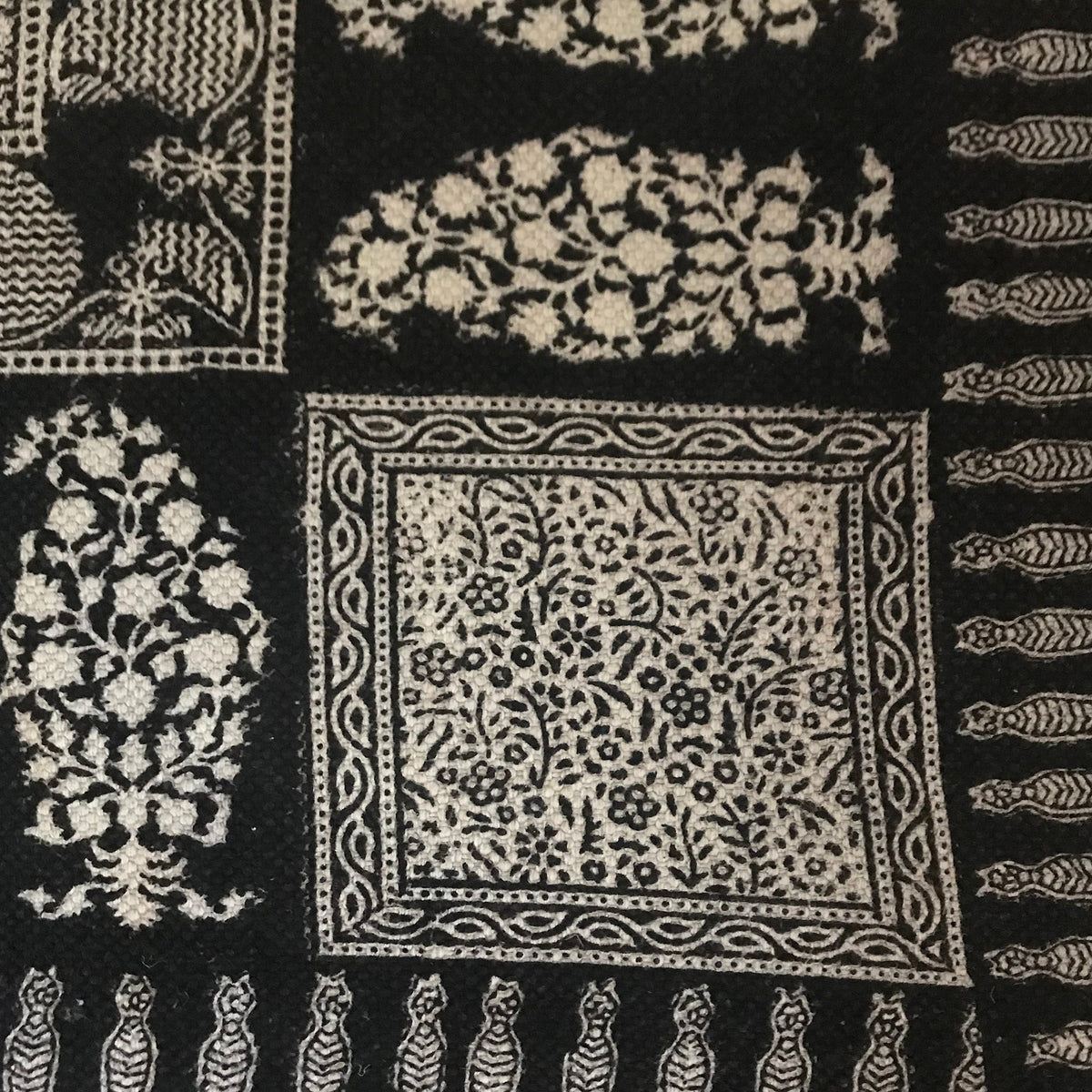 Floral Jaal & Paisley Hand-block Print Rug - White Black
